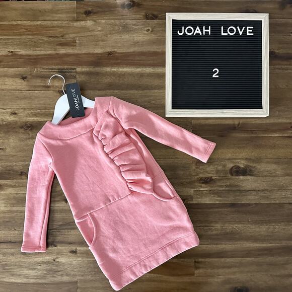 NWT Joah Love Imogen Front Ruffle Candy Pink Fleece Long Sleeve Knit Dress 2 - Picture 1 of 7